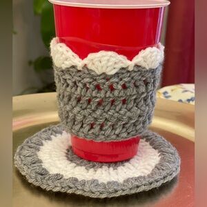Handmade crochet coaster and crochet cup cozy set